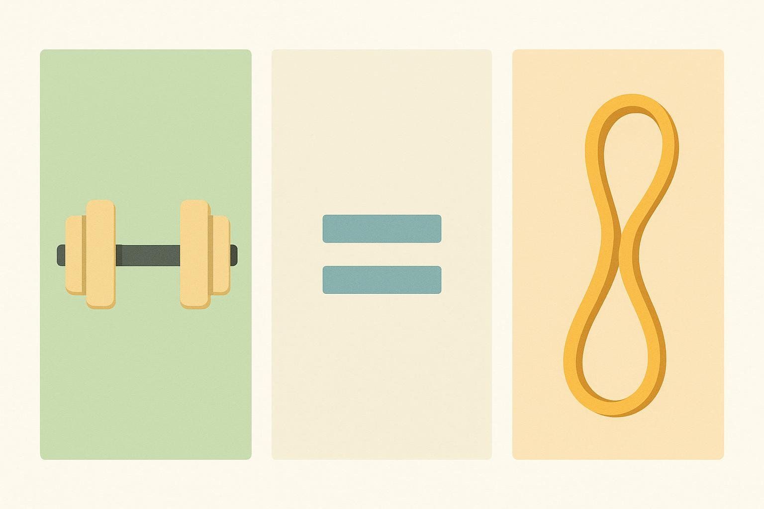 An illustration comparing a free weight dumbbell to a resistance band, with an equals sign in the middle panel, symbolizing they can produce similar strength gains.