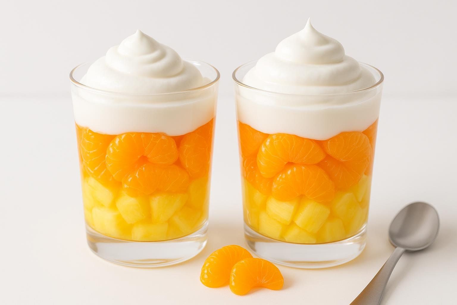 Two layered fruit parfaits in clear glasses, mimicking candy corn with pineapple chunks at the bottom, mandarin orange segments in the middle, and a swirl of white yogurt or cream on top. Two loose mandarin orange segments and a spoon are visible in the foreground.