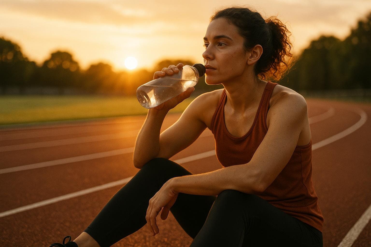 A female athlete sits on a running track and drinks water from a clear bottle during sunset, staying hydrated after her workout.