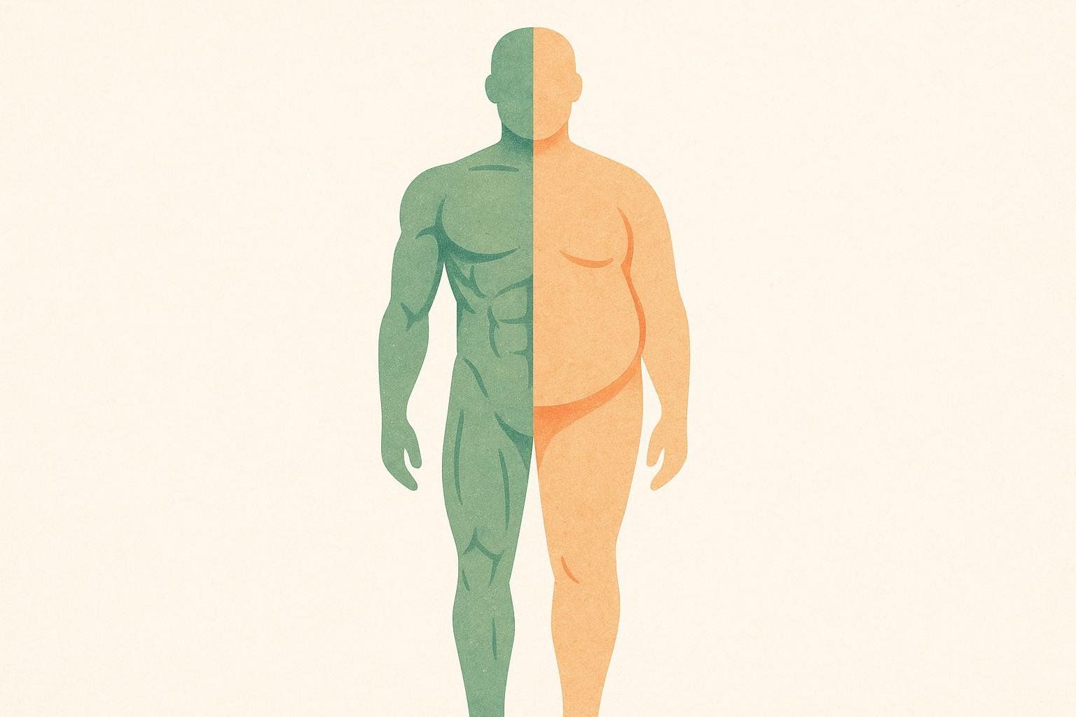 An abstract illustration showing a human figure split into muscle mass and fat mass, representing body composition.