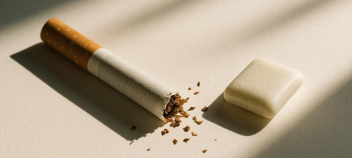 A close-up of a broken cigarette next to a piece of nicotine gum on a light surface, symbolizing the choice to quit smoking with nicotine replacement therapy.