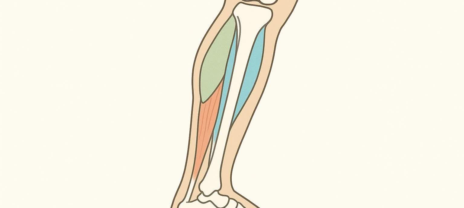 An anatomical illustration showing the three distinct compartments of the lower leg muscles: anterior (blue), lateral (green), and posterior (orange), alongside the bones of the lower leg.