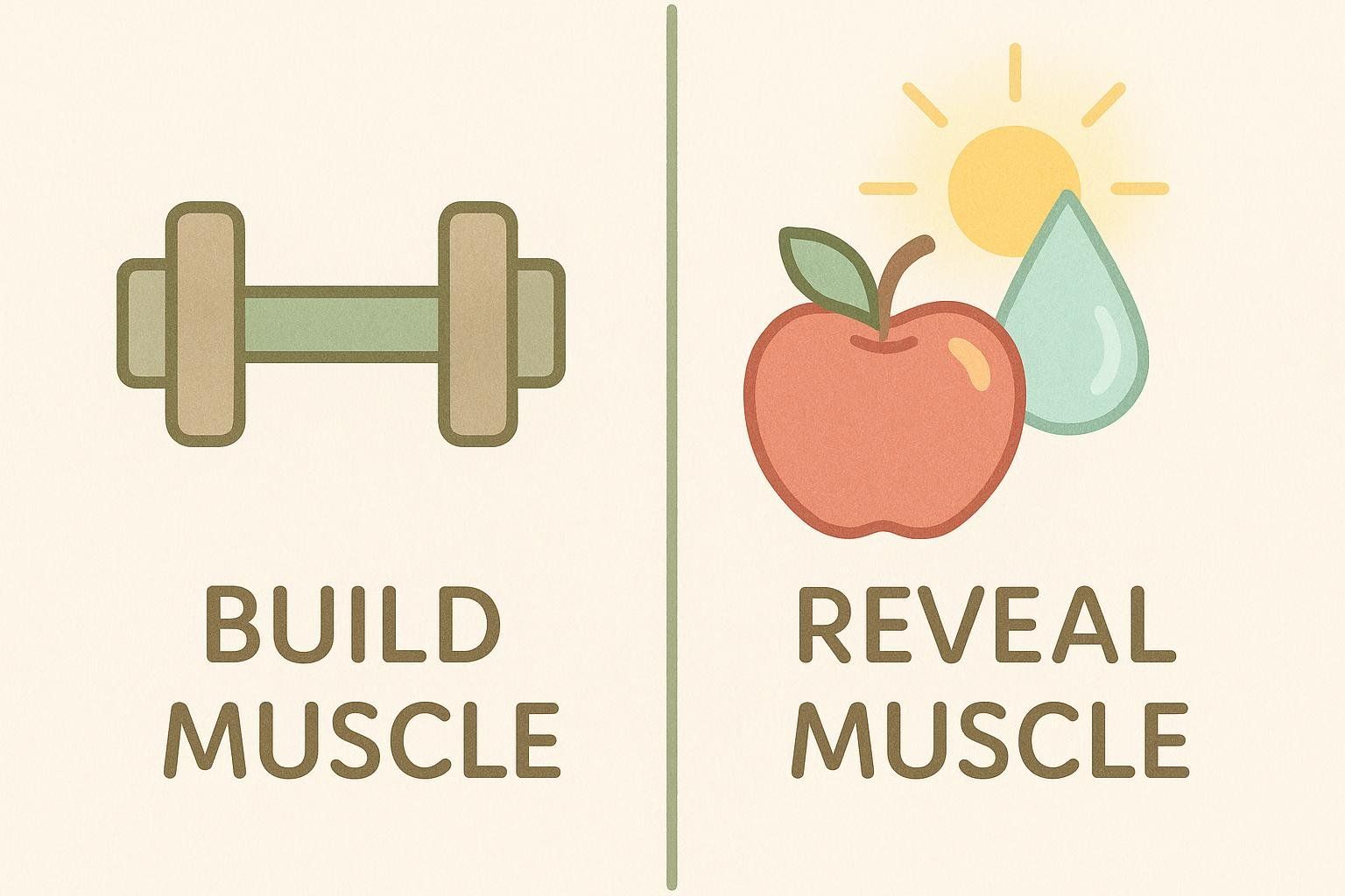An illustration divided into two sections. The left section shows a dumbbell with the text "BUILD MUSCLE" below it. The right section shows an apple, a water droplet, and a sun icon with the text "REVEAL MUSCLE" below it. This visual metaphor suggests that exercise builds muscle, while nutrition and hydration help reveal it by reducing body fat.