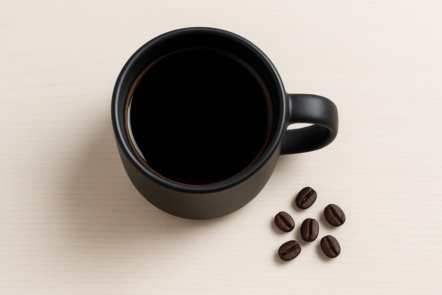 An overhead shot of a matte black mug filled with black coffee, next to a small cluster of five brown coffee beans, on a light wood surface.