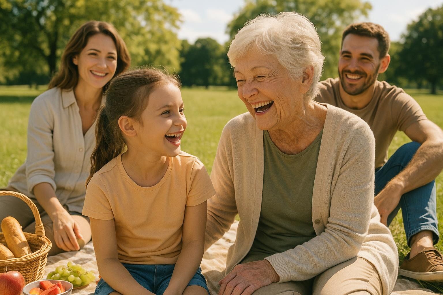 A vibrant multi-generational family having a picnic, embodying the concept of high quality of life and healthspan.