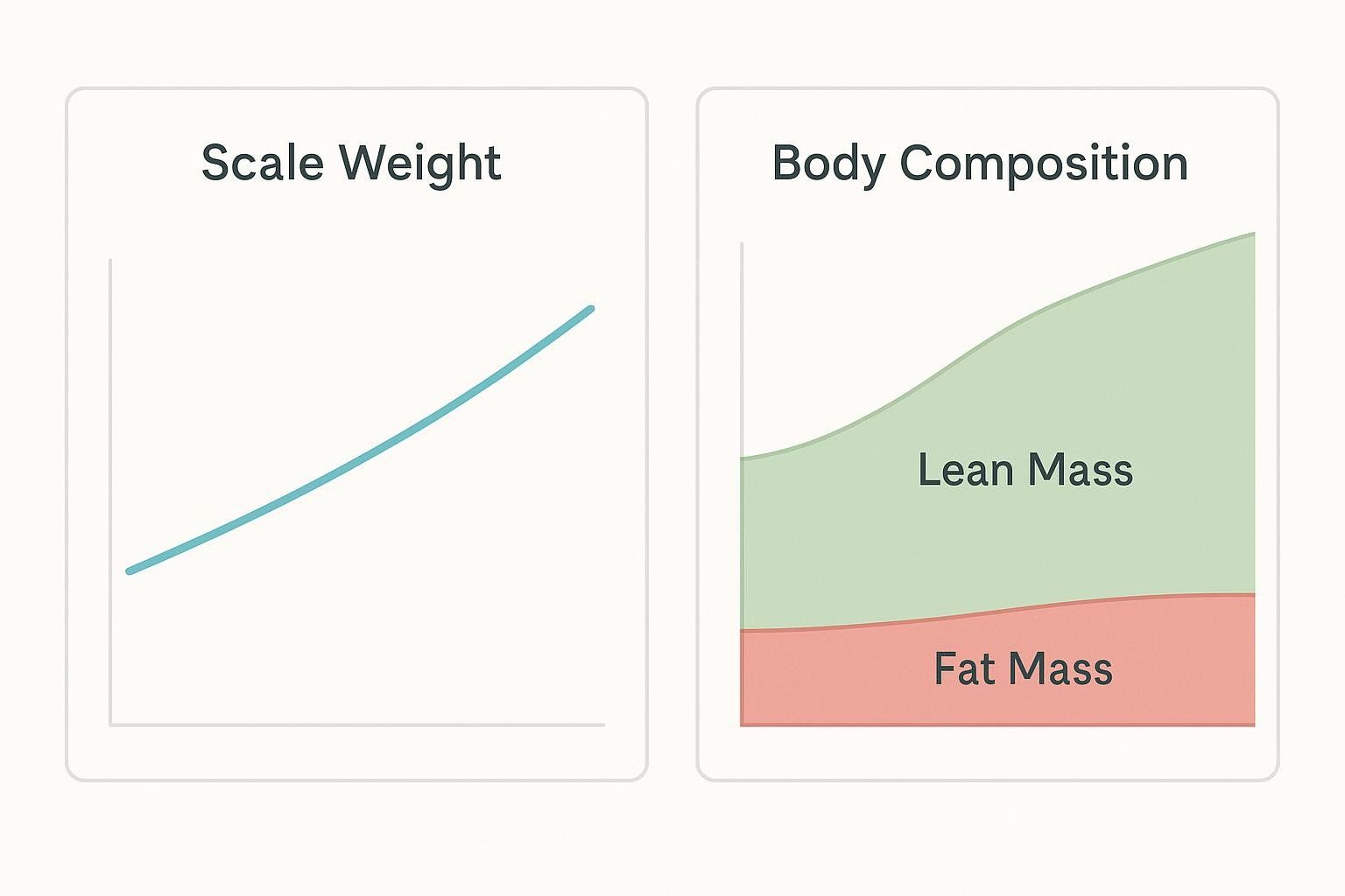 A data visualization showing two charts side by side. The left chart, titled 'Scale Weight', shows a simple upward trend with a blue line. The right chart, titled 'Body Composition', is a stacked area graph showing a green area labeled 'Lean Mass' increasing significantly, while a red area labeled 'Fat Mass' remains relatively constant at the bottom, illustrating that overall weight gain can be due to lean mass.