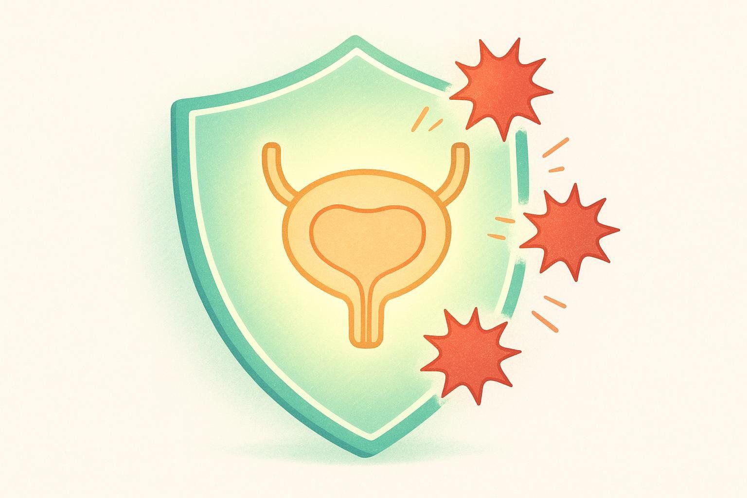 An illustration depicting a light green shield protecting an orange bladder symbol from three red star-shaped bacteria symbols. This symbolizes how probiotics help prevent UTIs by protecting the bladder from harmful bacteria.