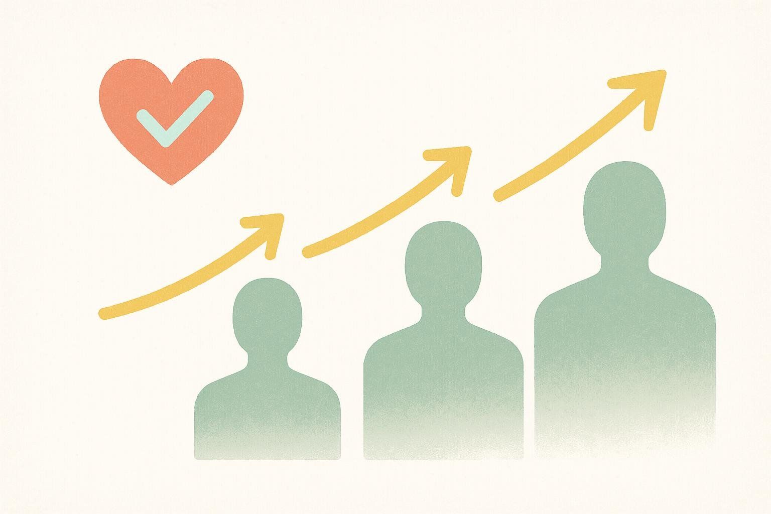 Abstract icons symbolizing regular health tracking and progress checks over time with silhouettes of people increasing in size with upward arrows and a heart with a checkmark.