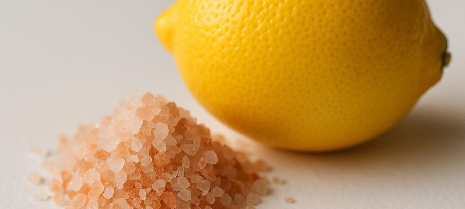 A close-up photograph featuring a pile of pink Himalayan salt crystals in the foreground and a bright yellow whole lemon in the background against a light, neutral surface.