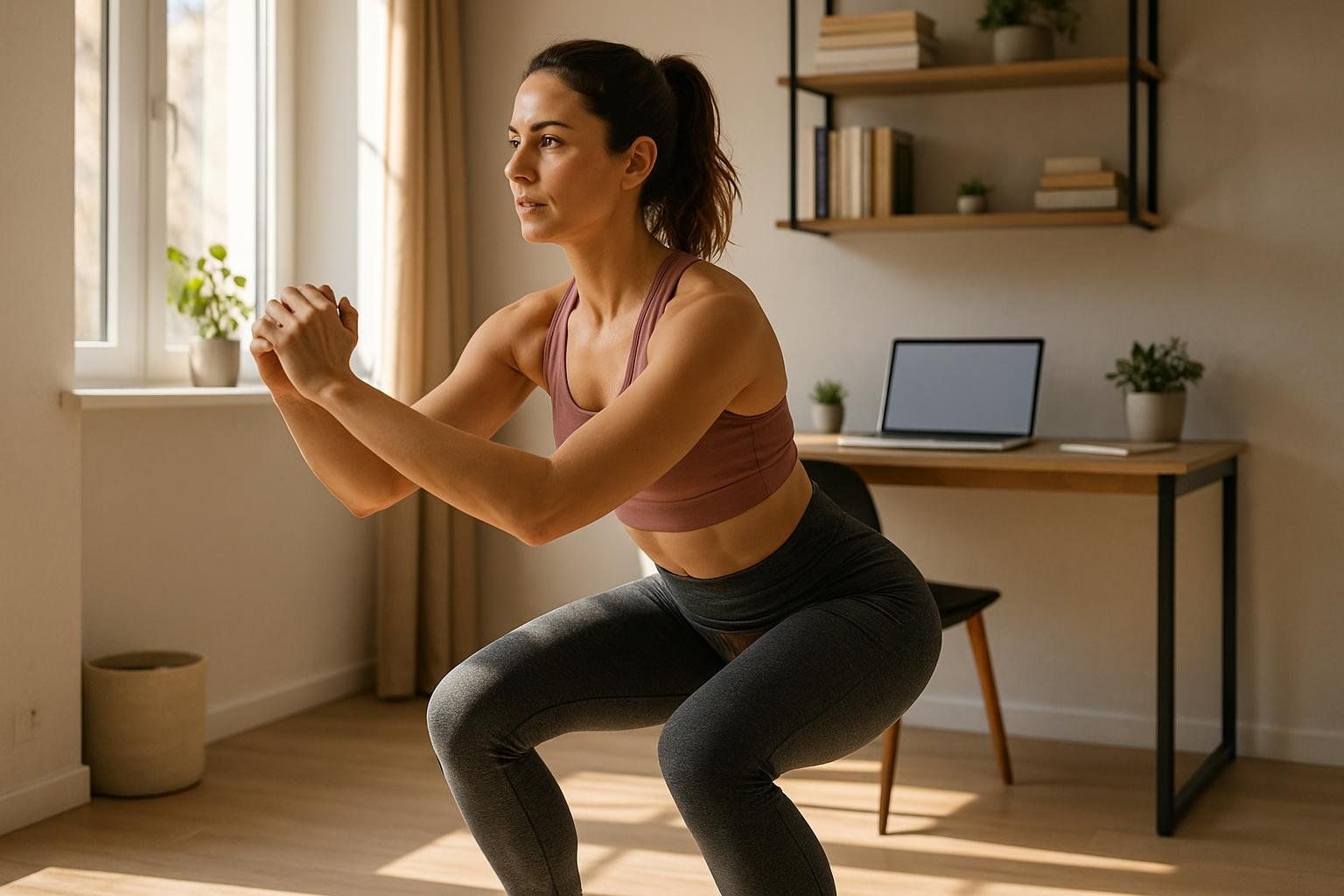 A fit woman with dark hair tied back in a ponytail is performing a squat in what appears to be a home office. She is wearing a maroon sports bra and dark grey leggings, with her hands clasped in front of her chest. In the background, there's a window with natural light, a desk with a laptop, and shelves with books and plants, indicating a comfortable indoor setting.