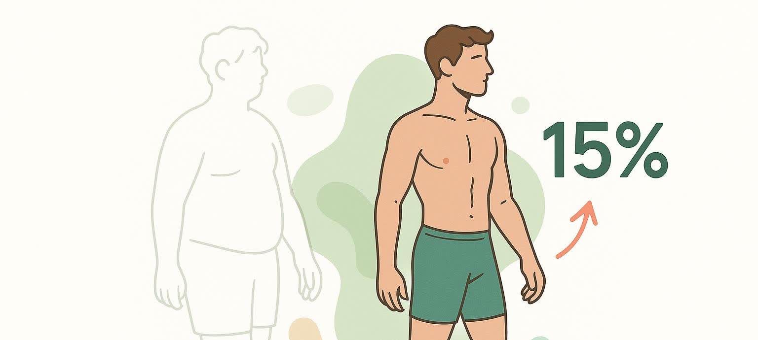 An illustration showing a man's body transforming from an overweight outline to a fit and muscular physique, aiming for 15% body fat.