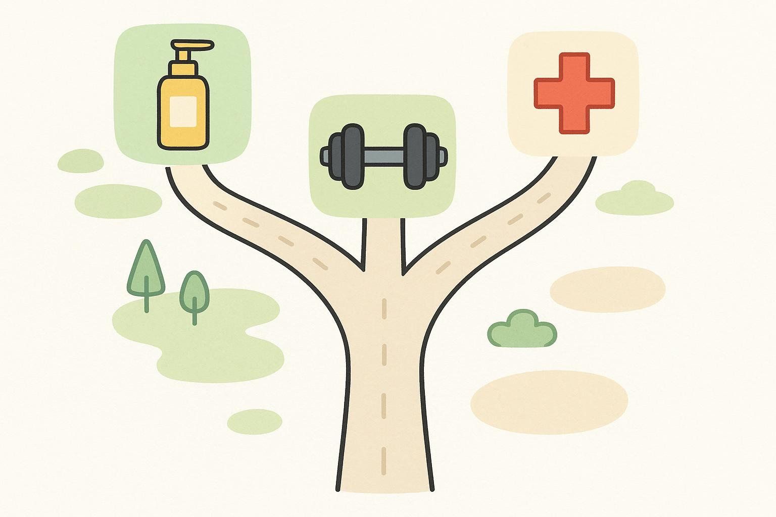 A fork in the road leading to different goals for peptide use, represented by icons: a bottle of lotion for skincare, a dumbbell for performance, and a red cross for medical treatment.