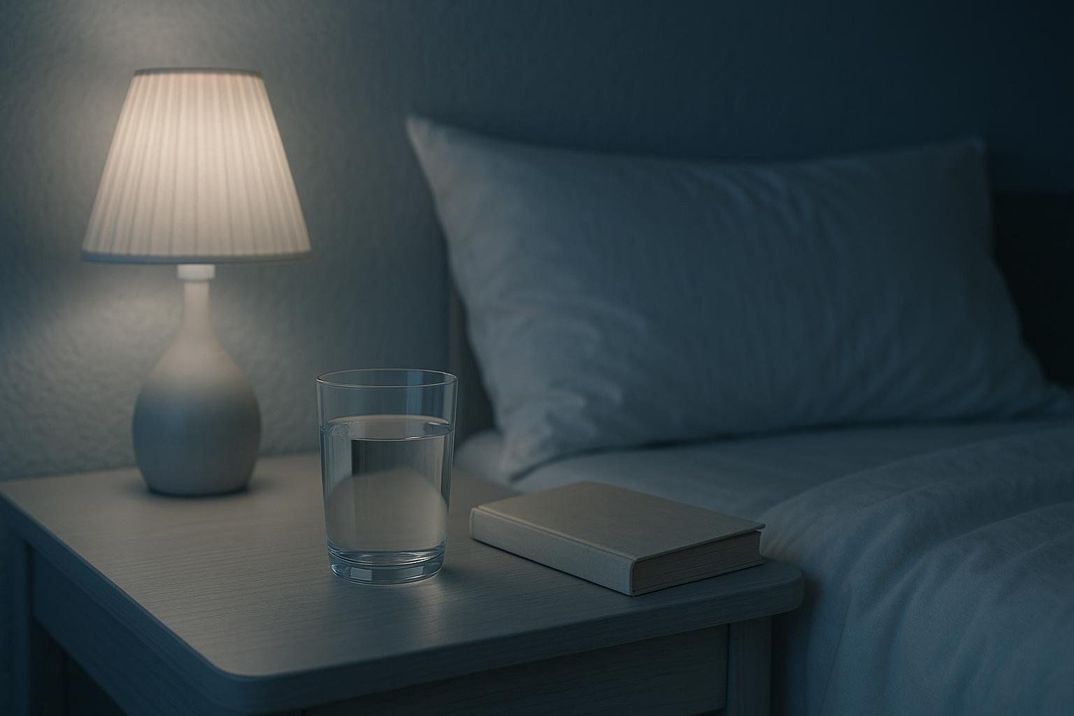 A bedside nightstand at night with a lamp, a glass of water, and a book. A white pillow and bed are visible in the background, suggesting a calming sleep environment.