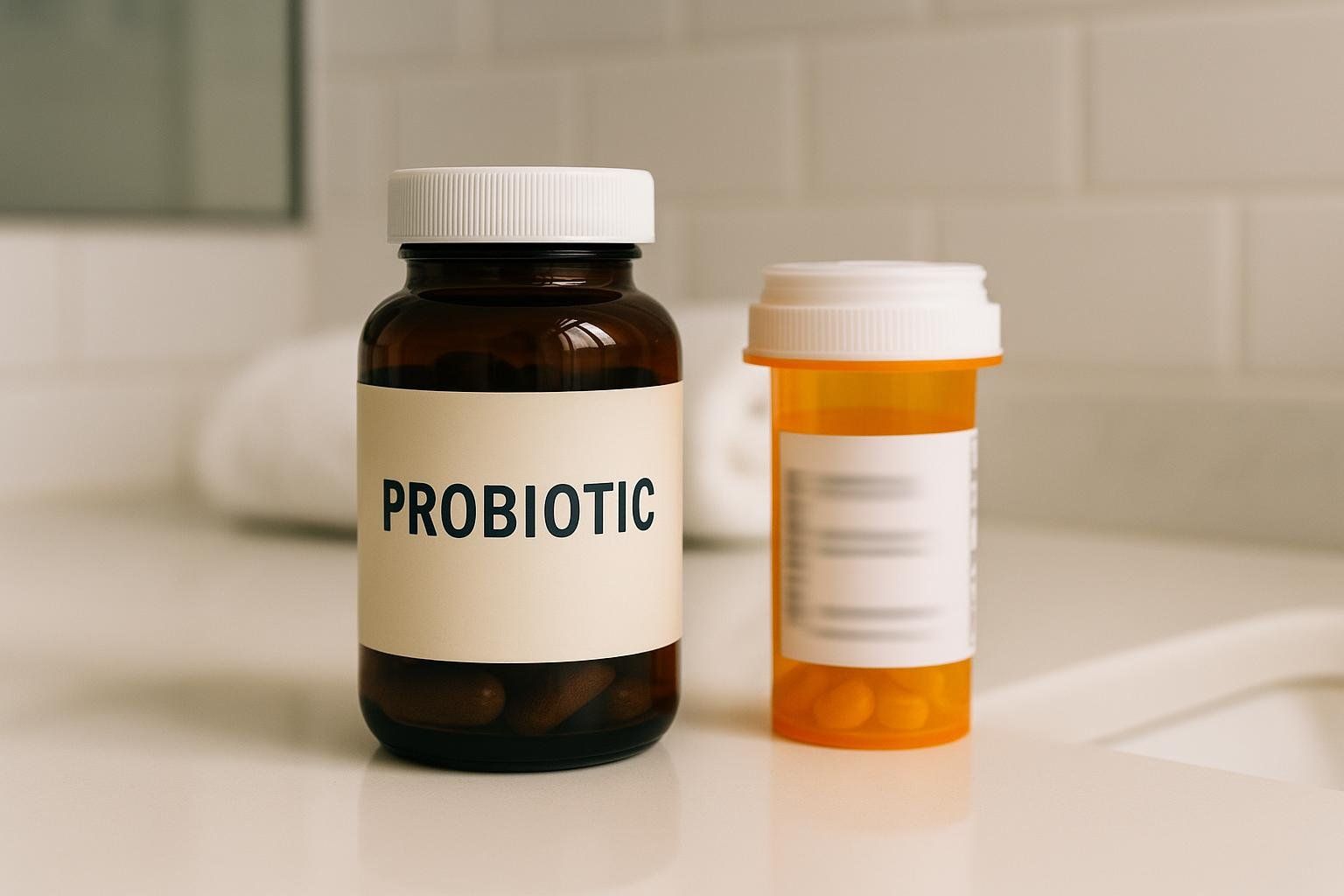 A clear image of a probiotic bottle with a cream-colored label and white cap, placed next to a blurry orange prescription bottle with a white label and cap on a light-colored counter.