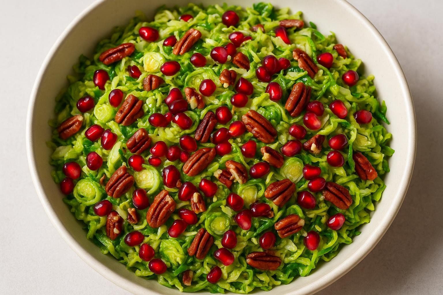 A close-up of a vibrant green salad featuring shaved Brussels sprouts, topped generously with bright red pomegranate seeds and whole pecan nuts, served in a light-colored bowl.