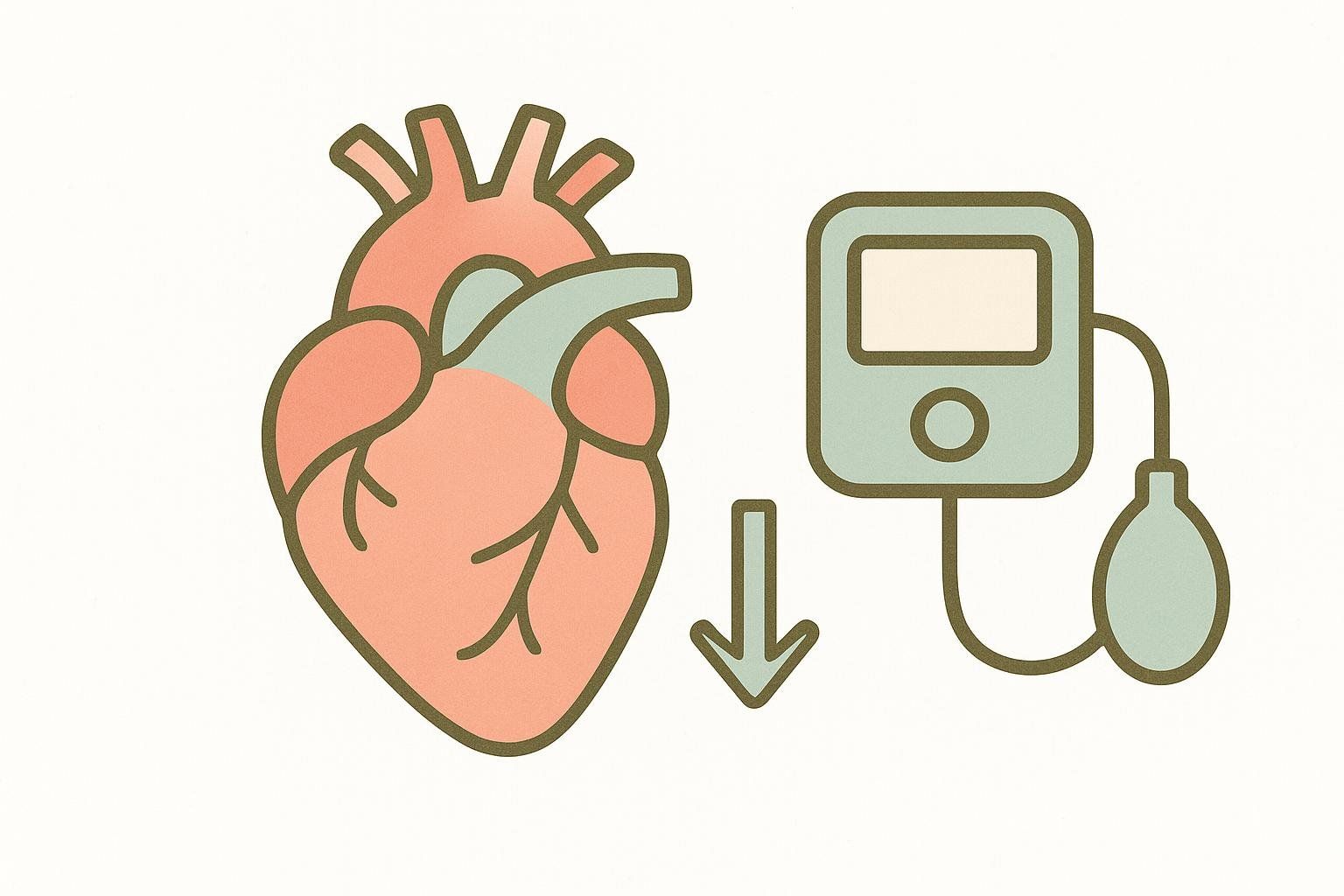 An illustration showing a human heart next to a blood pressure monitor and a downward arrow.