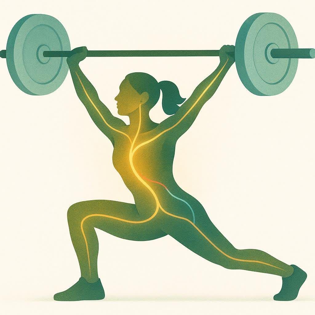 Close-up of a woman's chalked hands gripping a barbell, ready for a lift.