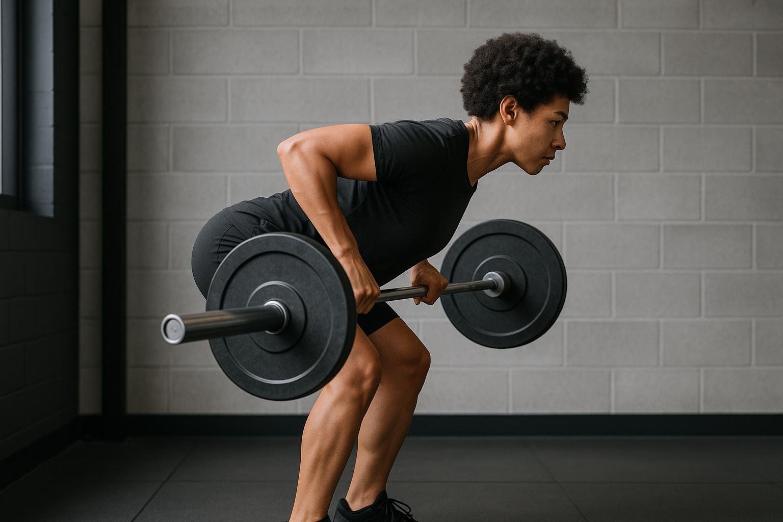 A side profile view of a person maintaining a neutral spine while performing a barbell row, a key horizontal pull exercise. The person has dark curly hair and is wearing black athletic clothing. They are holding a barbell with weights, standing in a gym with a concrete block wall in the background.
