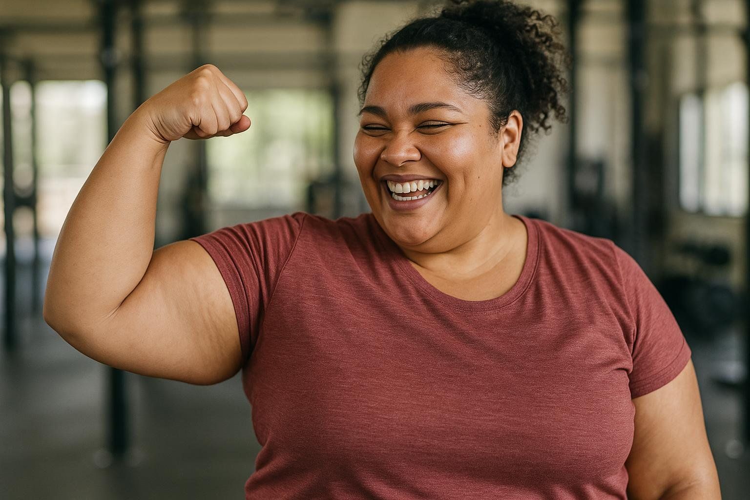 A smiling woman with curly hair, wearing a reddish-brown t-shirt, proudly flexes her bicep in a gym, conveying strength and joy.