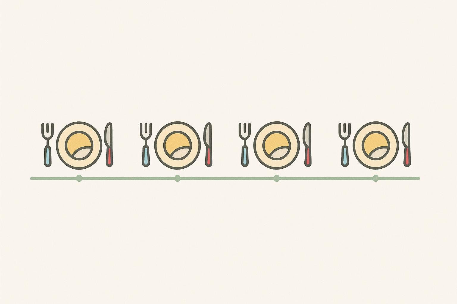 A simple illustration of a timeline with five small plates spaced evenly along it, symbolizing the strategy of eating smaller, frequent meals for IBS.