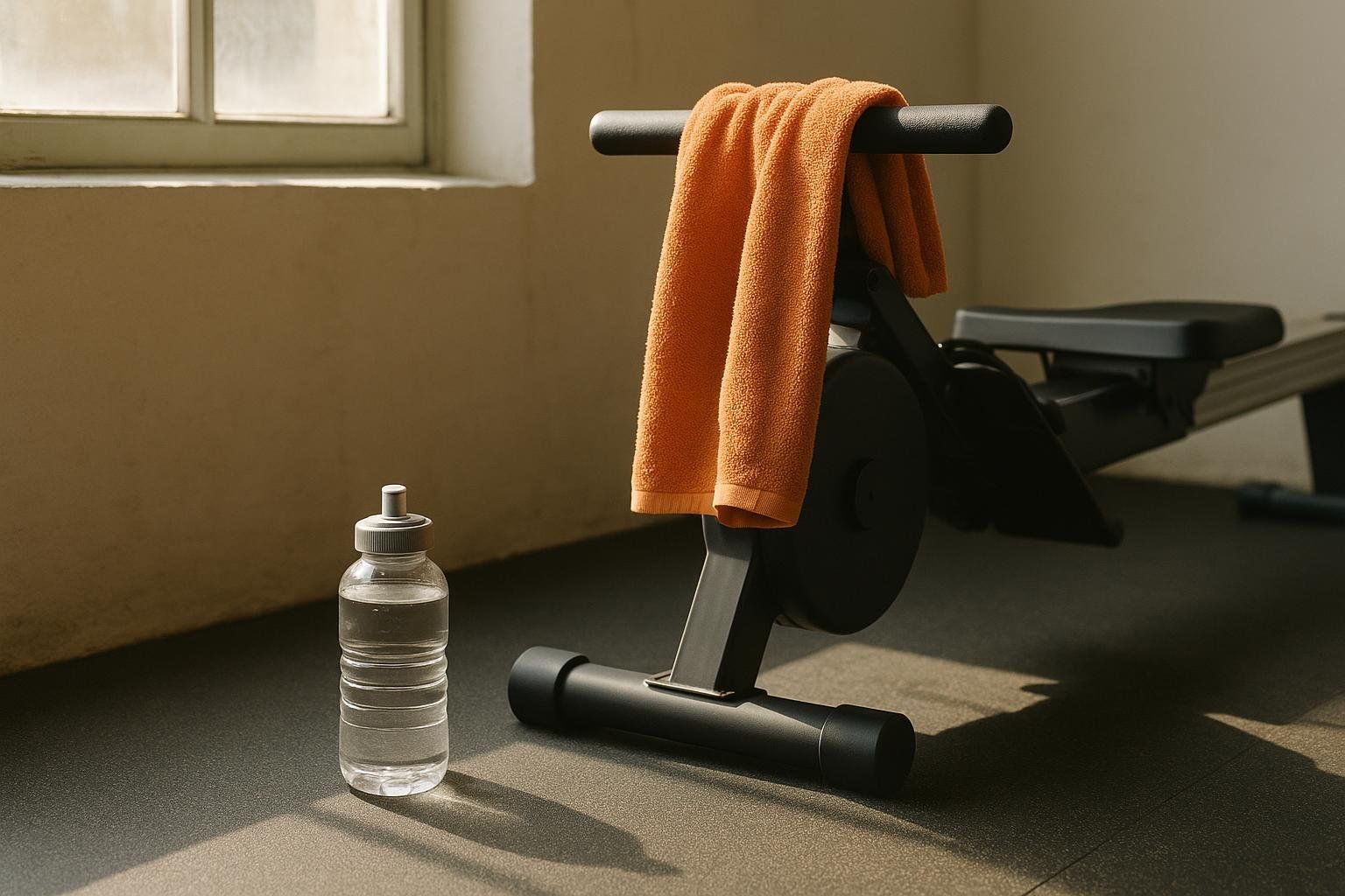 Gym towel and water bottle next to a rowing machine