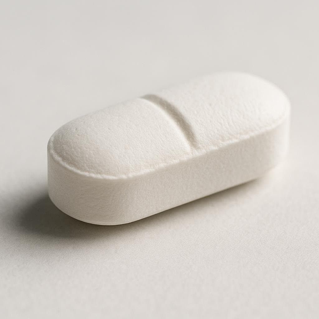 Close-up macro photograph of a single white, oblong pill with a score line in the middle, resting on a neutral light-colored background. The texture of the pill and subtle shadows are visible.