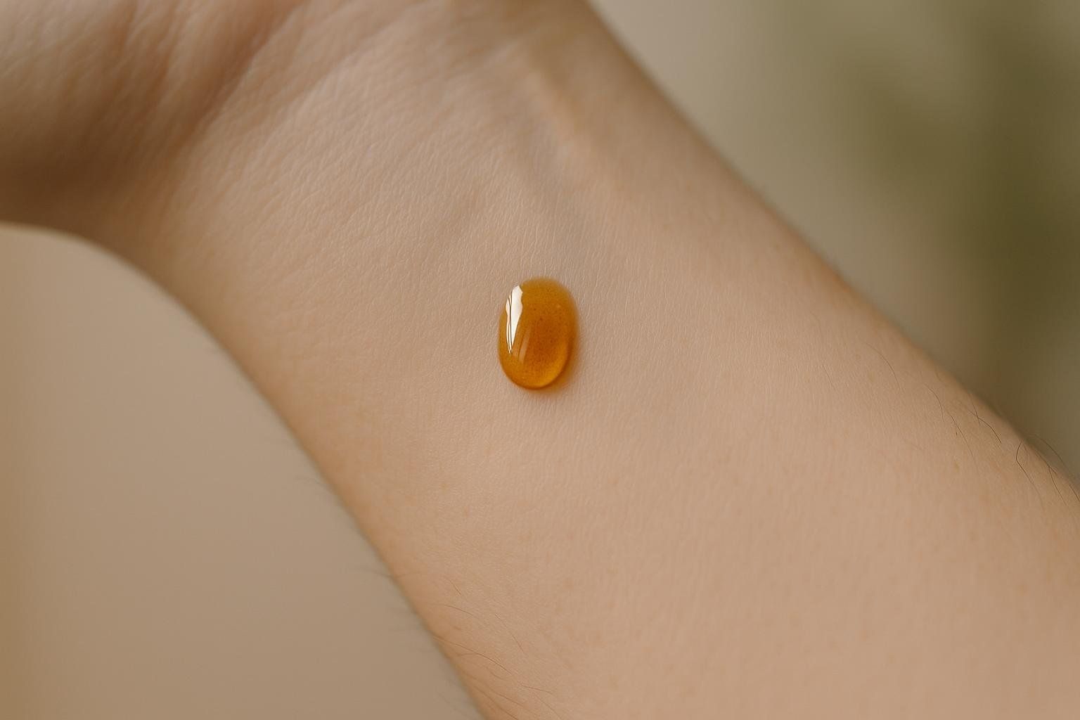 A close-up shot of a single amber-colored droplet of propolis tincture resting on the inner forearm of a person, likely for a skin patch test.