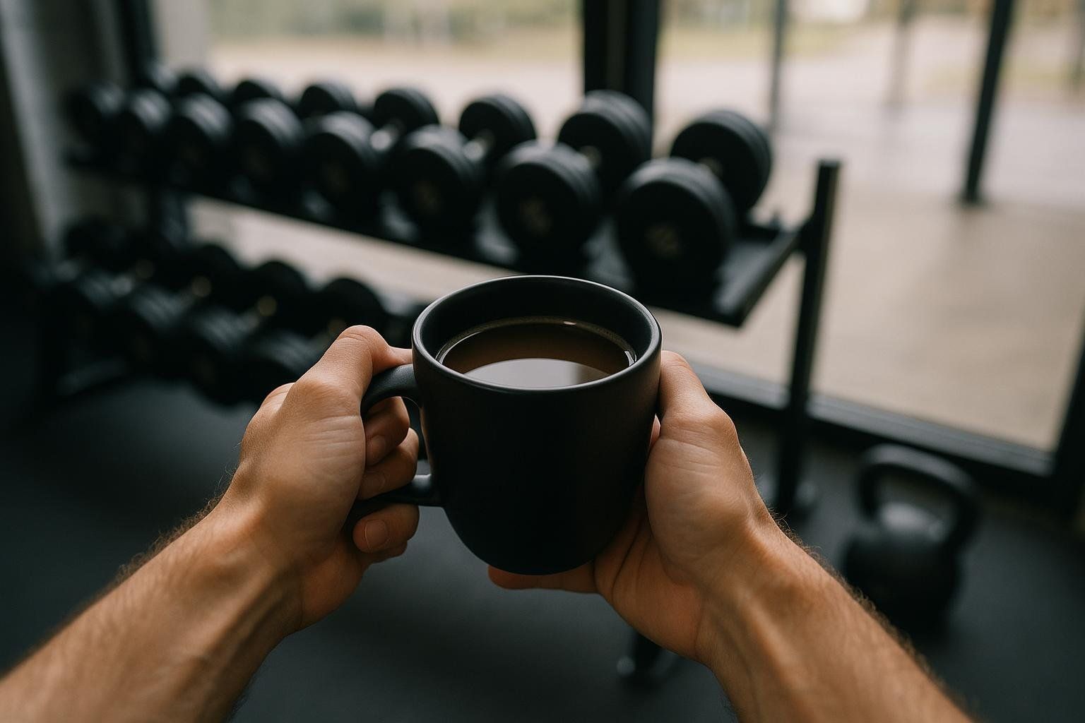 A person holding a cup of coffee with a gym in the background, symbolizing the use of caffeine as a pre-workout supplement.