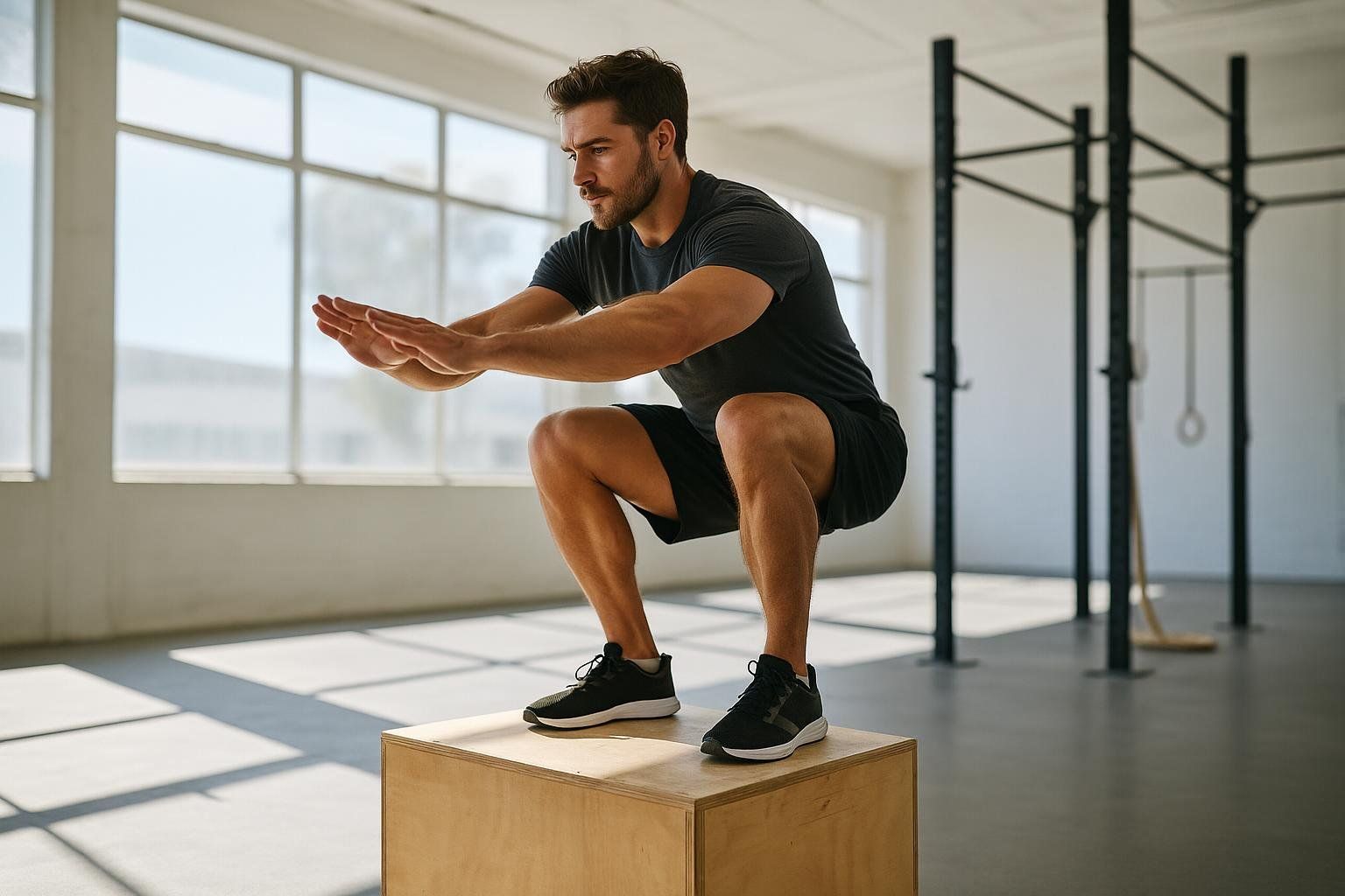 A man is doing a squat on a wooden box in a gym. He is wearing workout clothes and his arms are extended in front of him.