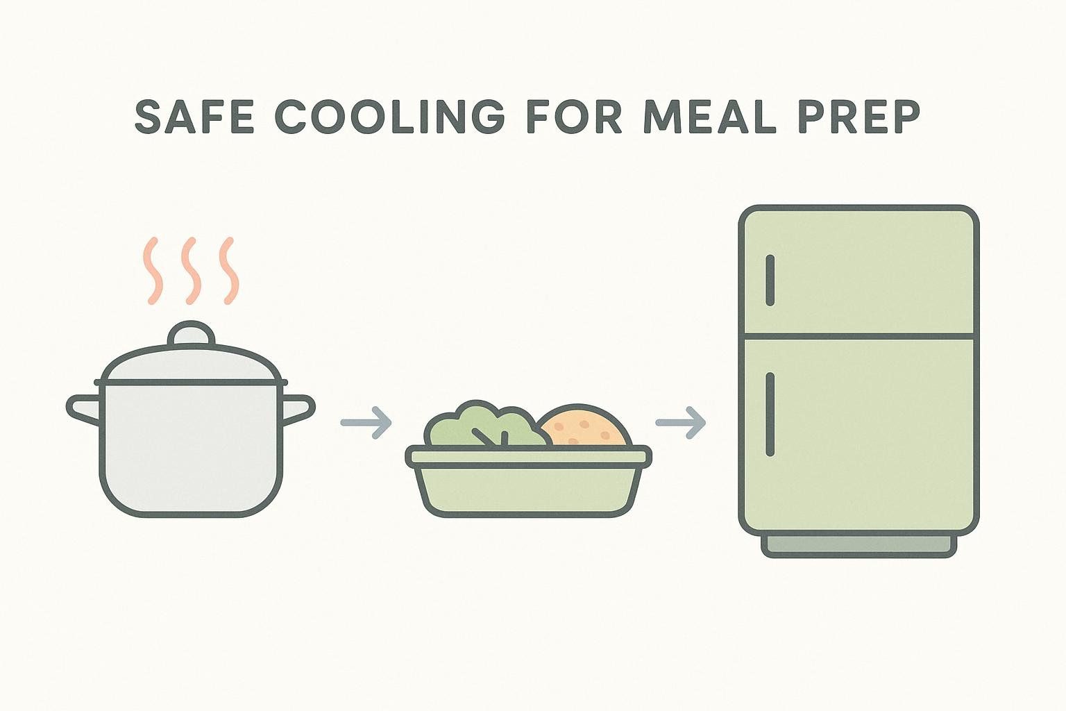 An illustration showing the safe cooling process for meal prep. Hot food in a pot is transferred to a shallow container and then placed into a refrigerator to cool quickly. The text on top reads "SAFE COOLING FOR MEAL PREP".