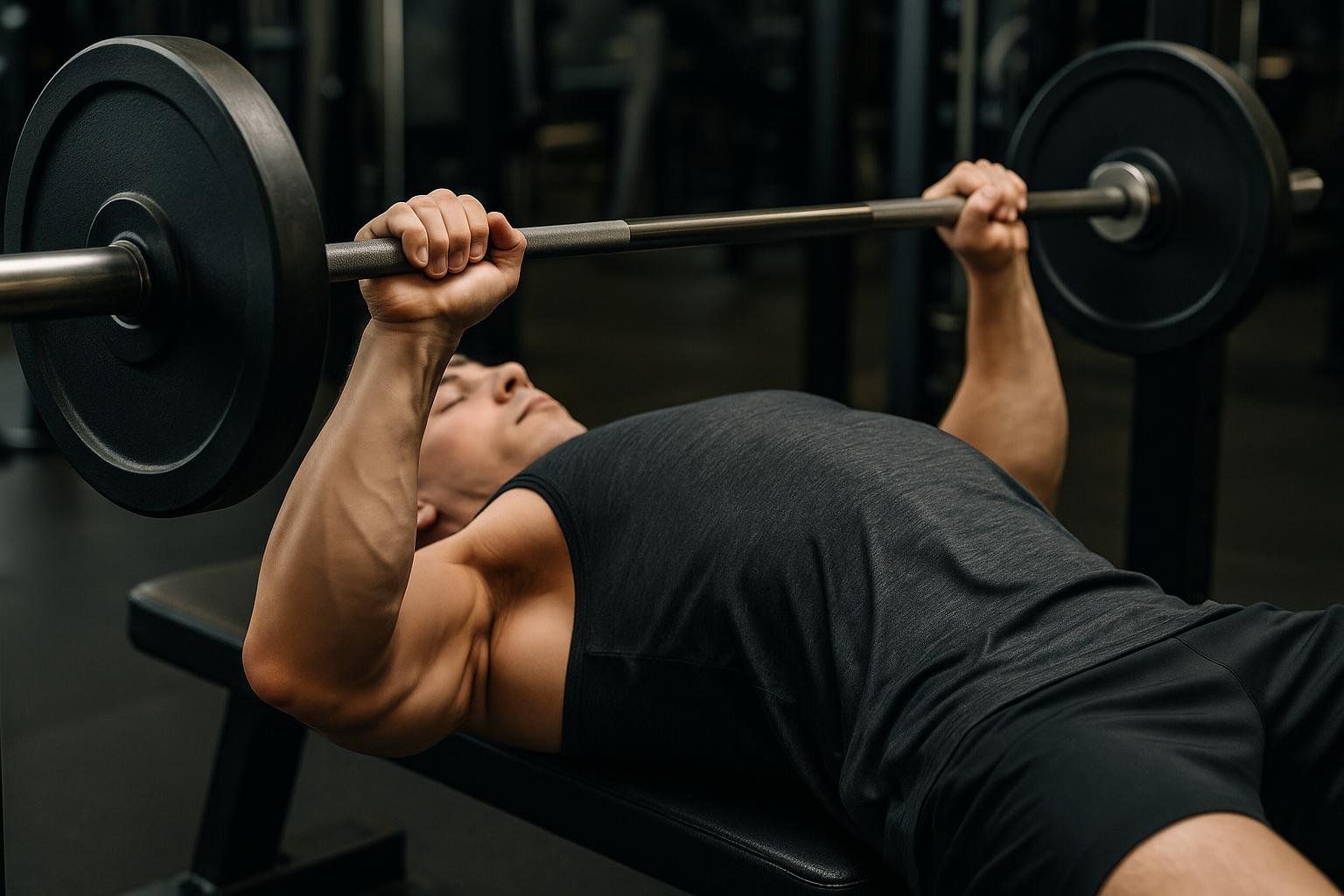 Correct form for flat barbell bench press focusing on elbow position and bar path.