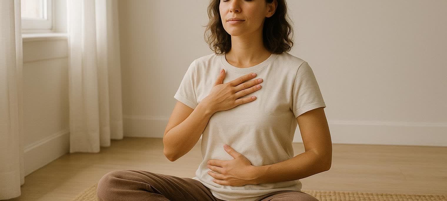 A woman with short brown hair sits with her eyes closed and hands resting on her chest and abdomen, practicing a mindful somatic breathing exercise in a calm, sunlit room.