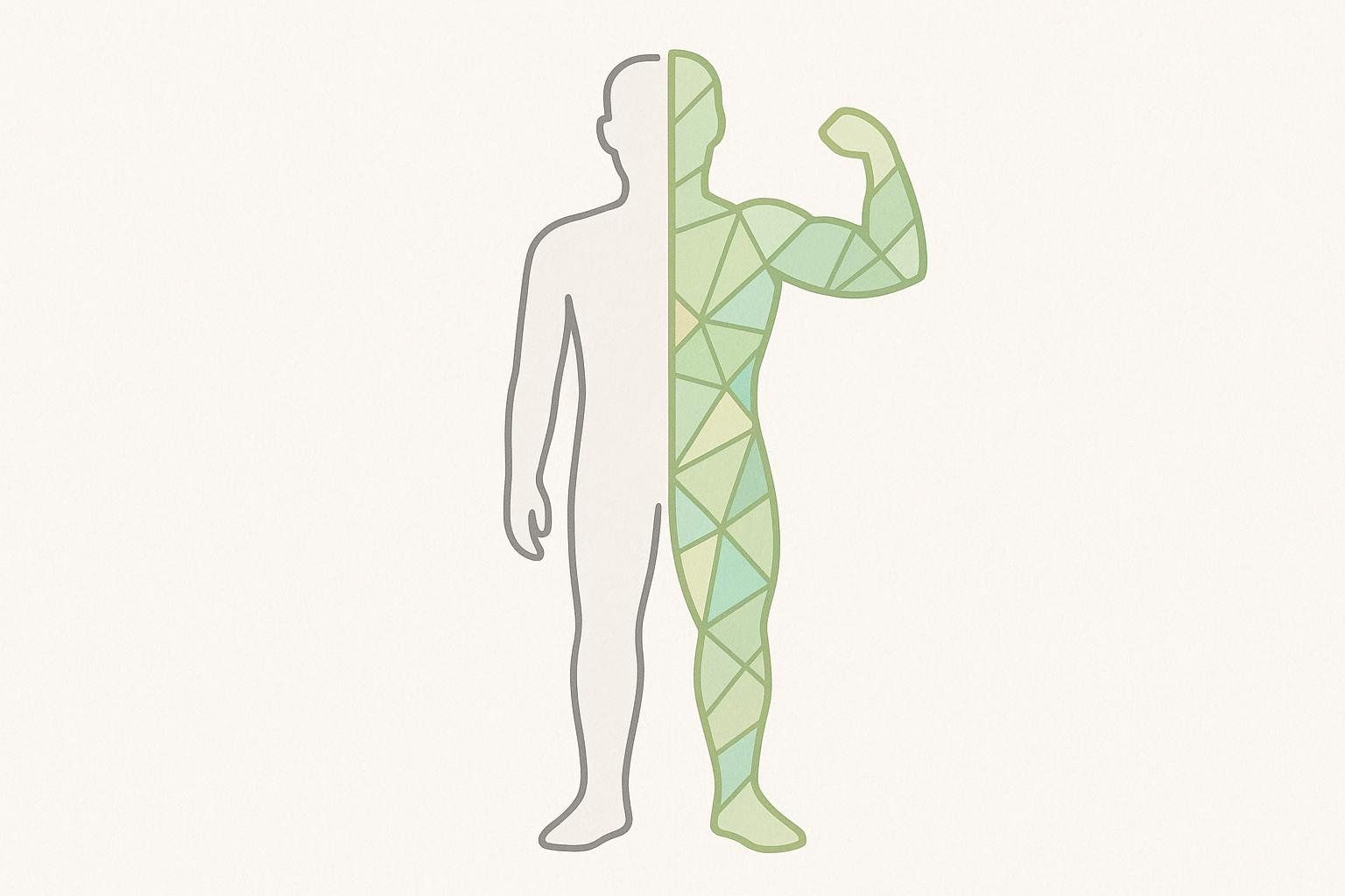 An abstract illustration depicting body recomposition. One side of a human silhouette is a simple gray outline, while the other side is filled with a mosaic of green polygon shapes, indicating muscle growth and transformation.