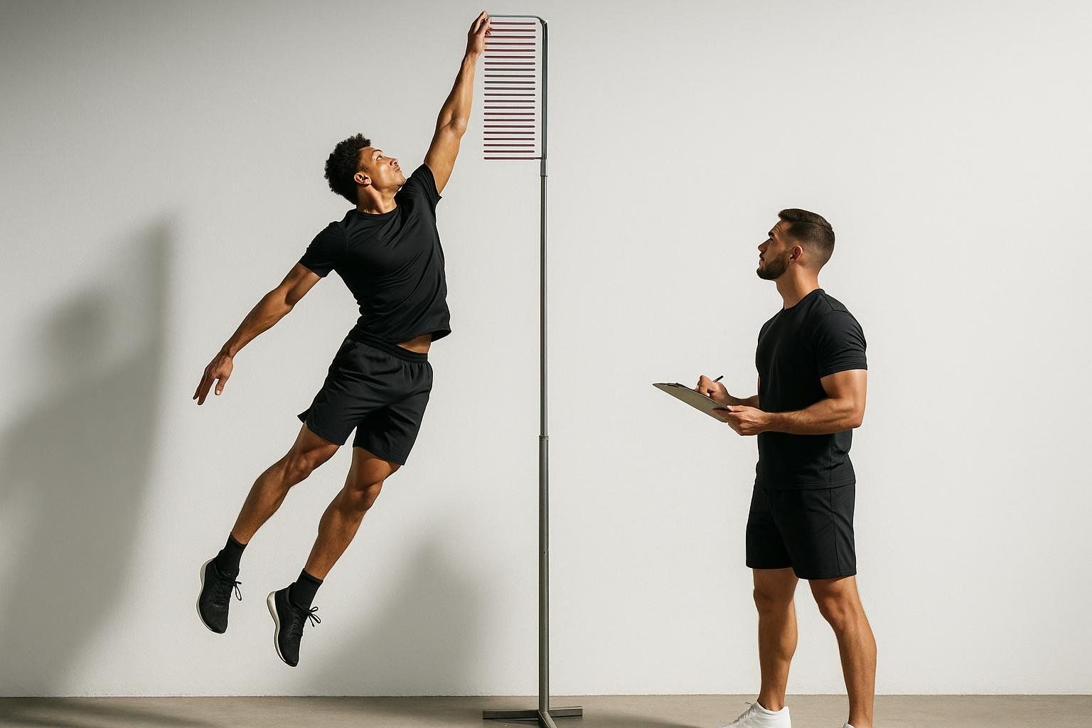 An athlete wearing black t-shirt and shorts performs a vertical jump to hit a measurement bar, while a coach in black t-shirt and shorts records the result on a clipboard.