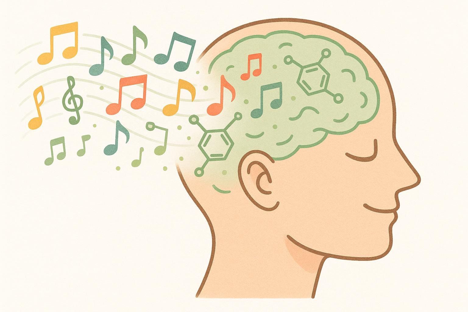Illustration of a human head in profile with colorful musical notes flowing into the brain, where some chemical structures are also visible. This symbolizes the positive impact of music or activity on mental health.