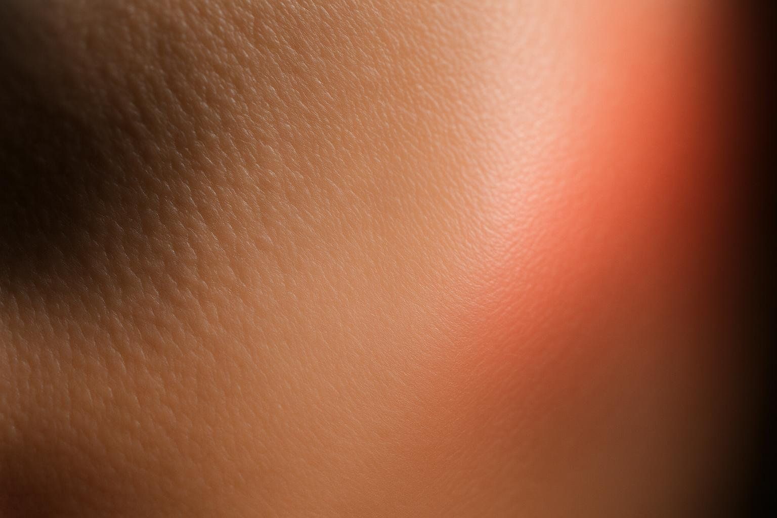 A close-up photograph of textured skin with a reddish light effect on the right side.