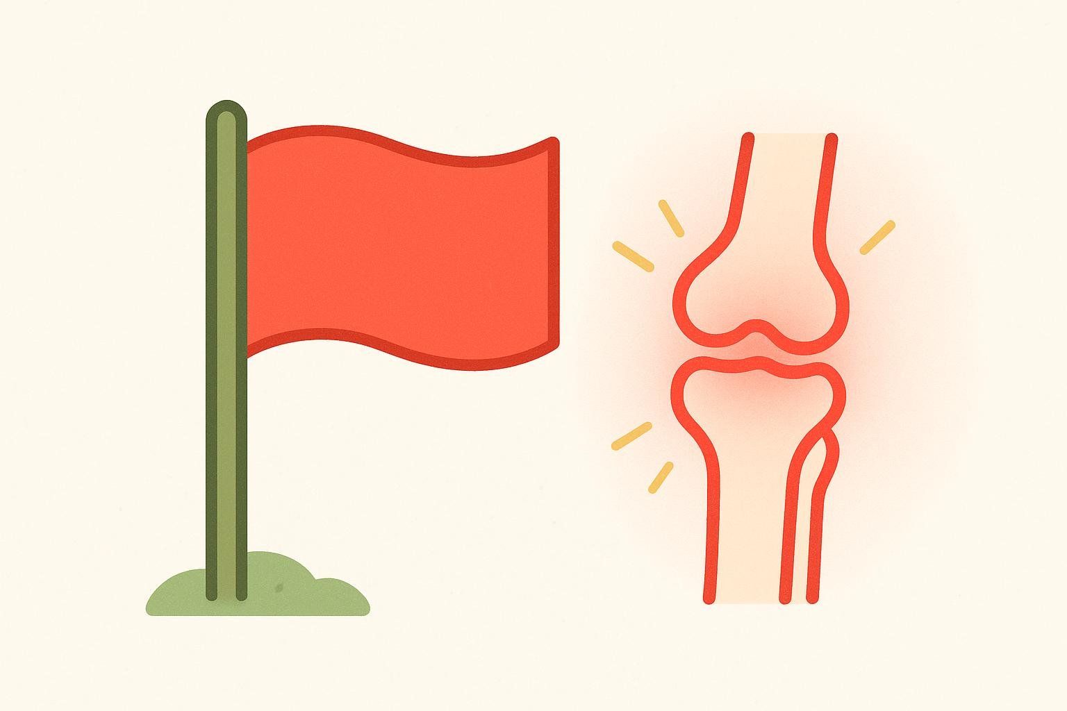 An illustration of a red flag next to an image of a human joint, glowing red and emitting lines, symbolizing pain or inflammation. This indicates a serious symptom requiring medical attention.