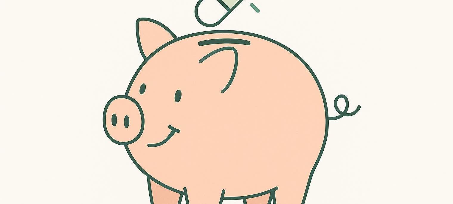 Illustration of a beige piggy bank with a smiling face, and a white pill with a green outline being dropped into the slot on its back. This symbolizes medication savings.