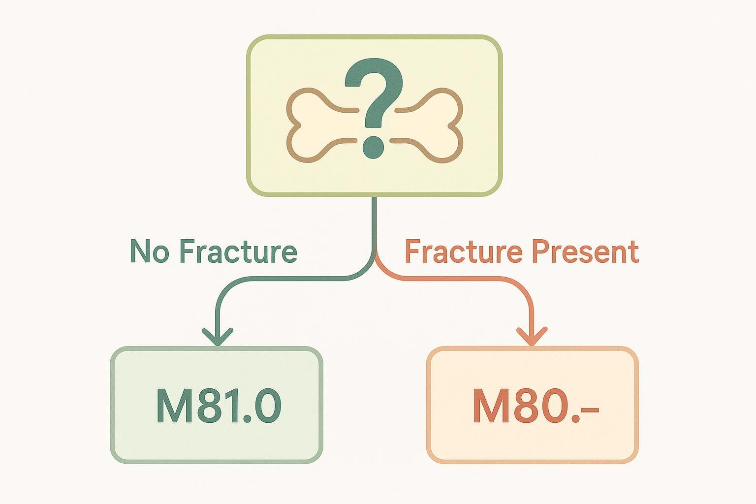 A flowchart showing the decision process for ICD-10 codes M80.- (Osteoporosis with current pathological fracture) and M81.0 (Unspecified osteoporosis without current pathological fracture). A bone with a question mark at the top leads to two paths: 'No Fracture' leads to M81.0, and 'Fracture Present' leads to M80.-.