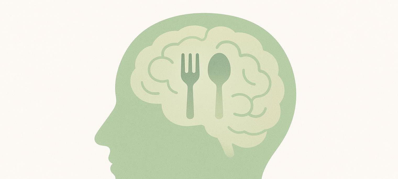An illustration (side profile) of a human head containing a brain with a faint fork and spoon icon. This depicts how Topiramate can reduce one's appetite.