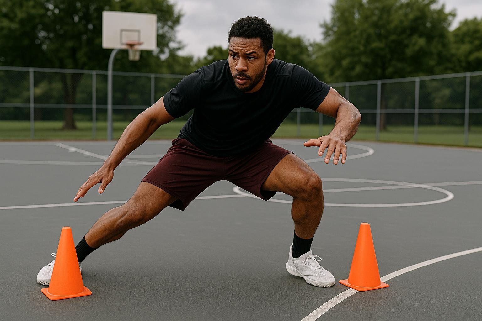 An athlete performs a lateral shuffle agility drill between two orange cones on an outdoor basketball court. He is in a low, athletic stance with his knees bent, looking focused and determined.