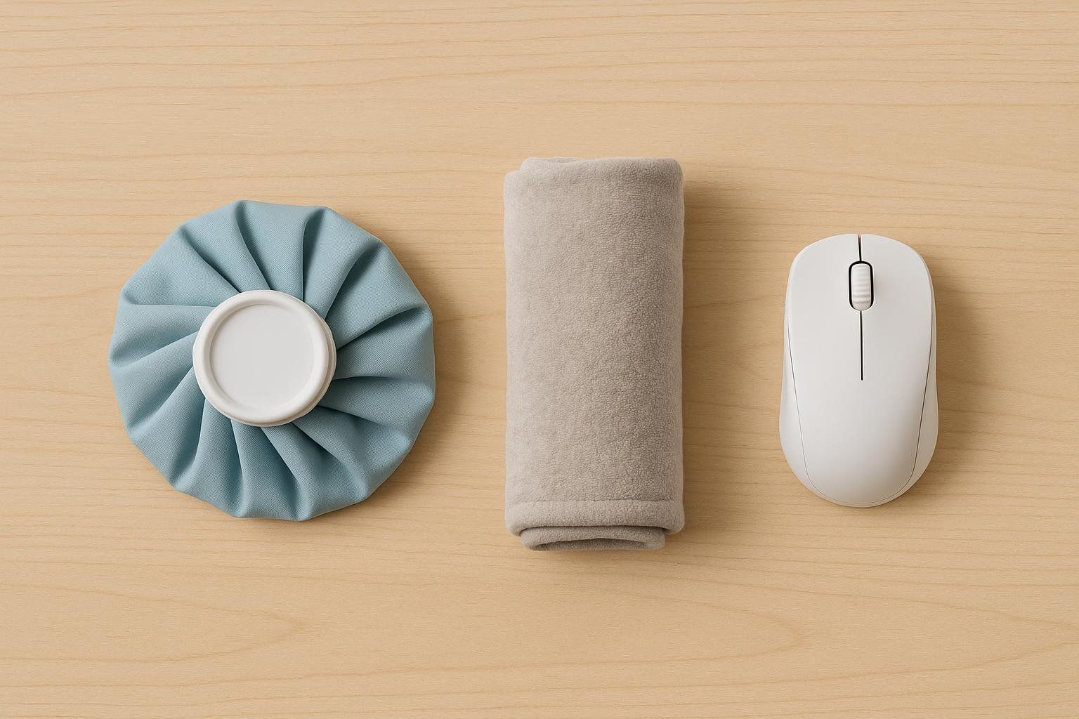 A flat lay of at-home care items on a light wooden surface. From left to right, a light blue ice pack, a rolled-up grey heating pad, and a white computer mouse.