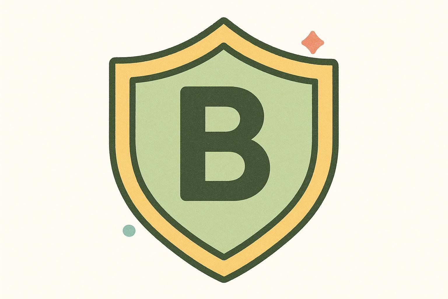 A shield icon with a green interior and gold border, featuring a large, dark green letter 'B' in the center. A small orange star shape is at the top right, and a small blue circle is at the bottom left. This represents a Grade B recommendation from the USPSTF for bone density screening.