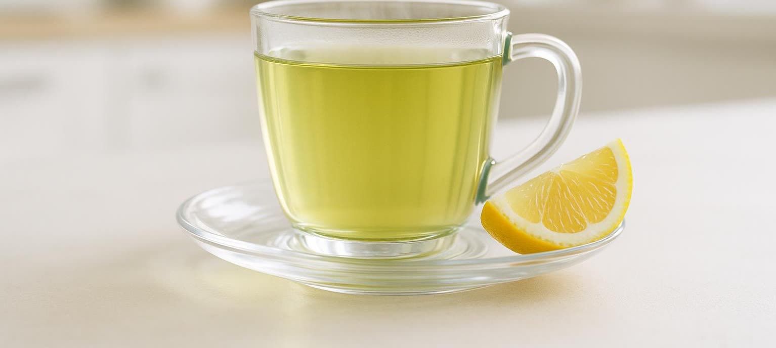 A clear glass mug of freshly brewed green tea with a lemon wedge on a matching glass saucer, sitting on a light-colored surface.