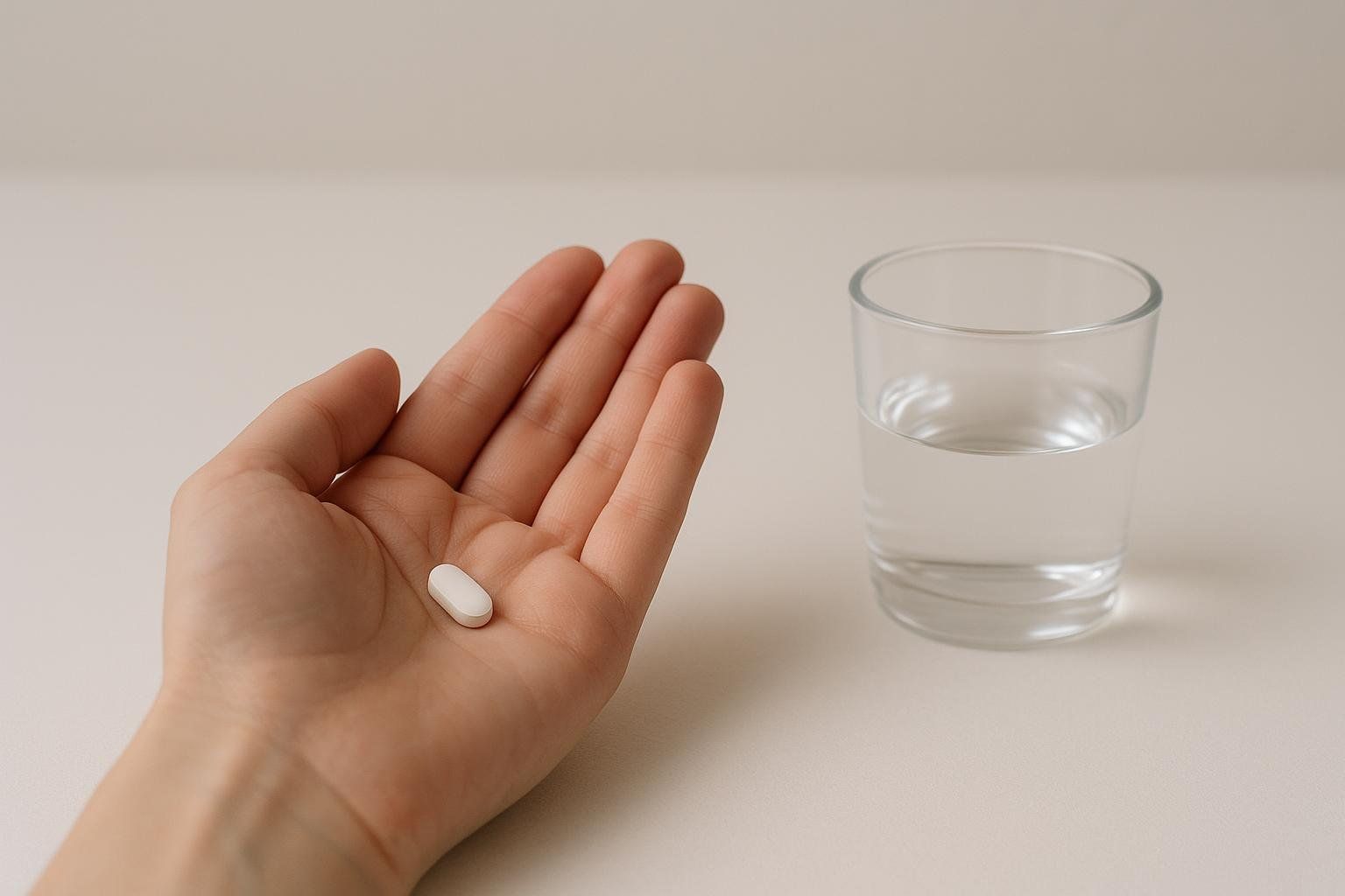 A white oval pill rests in the palm of a hand, positioned next to a small glass filled with water. The glass contains a small amount of water, emphasizing a specific dosing instruction.