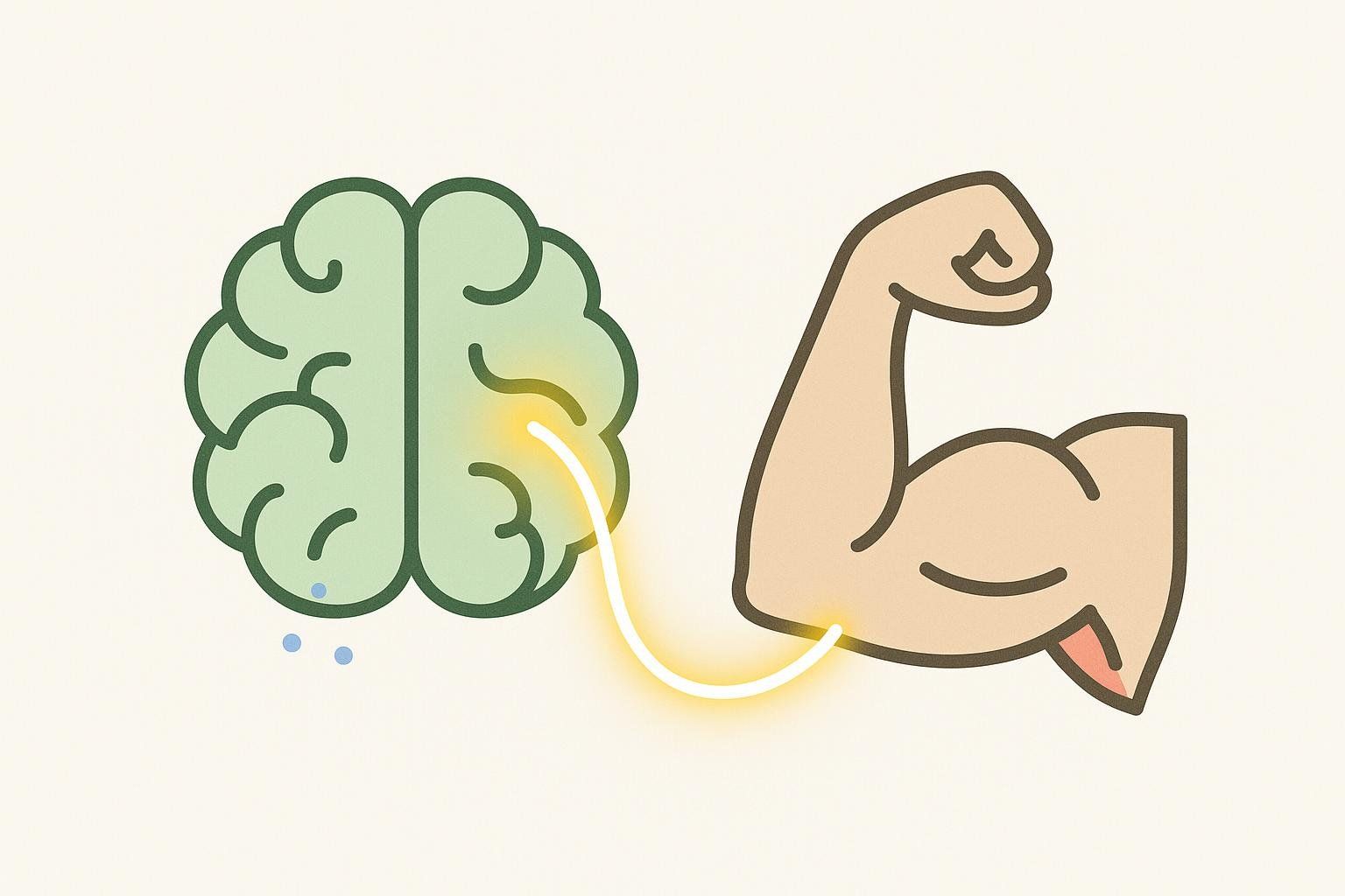 A stylized icon depicting a brain connected to a flexed bicep muscle with a glowing line, symbolizing the mind-muscle connection.