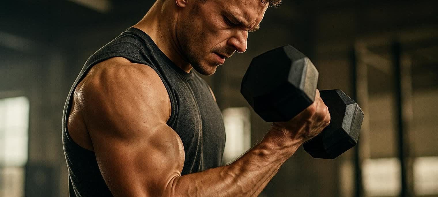 A close-up shot of a man performing a bicep curl with a dumbbell, showcasing his focused expression and developed bicep muscle.