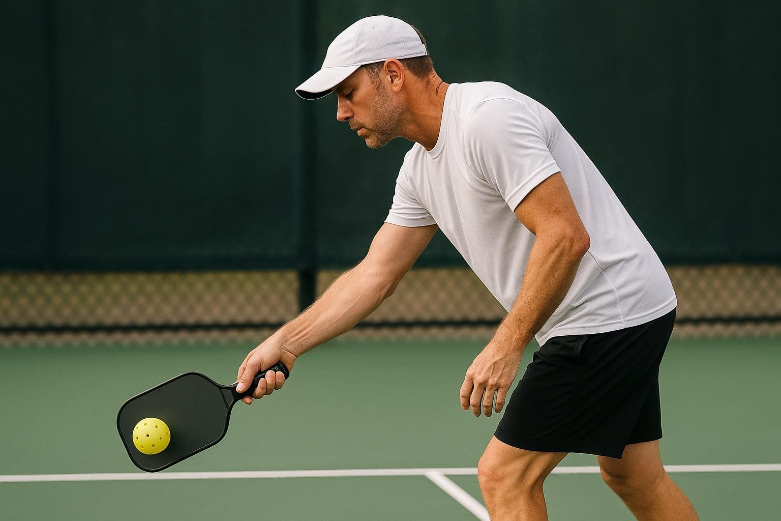 A male pickleball player performs an underhand serve on a green court, holding the black paddle with a yellow ball on it below his waist.