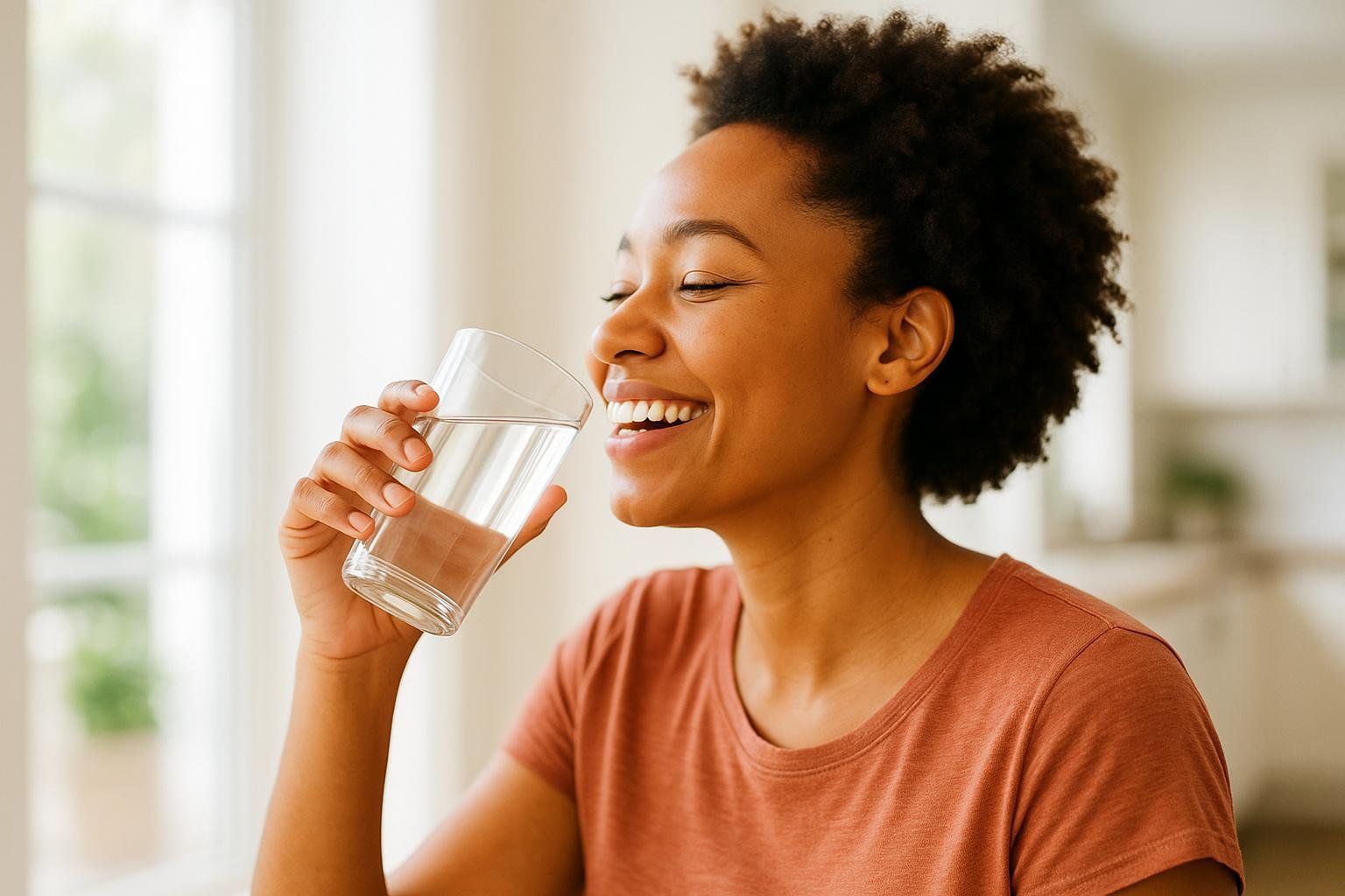 A person looking refreshed and hydrated while drinking a glass of water in a brightly lit room.
