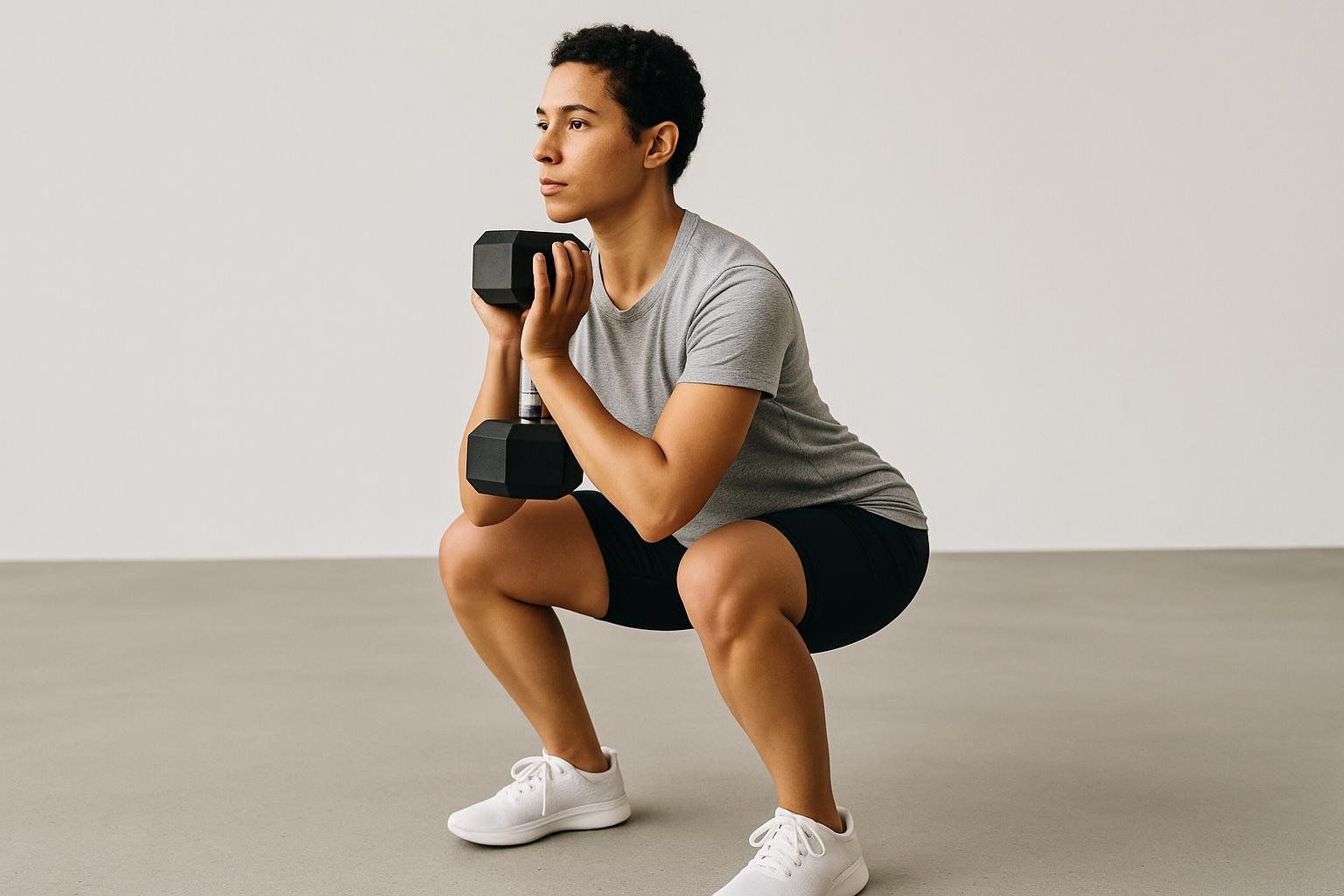 A person in athletic wear performs a dumbbell squat.
